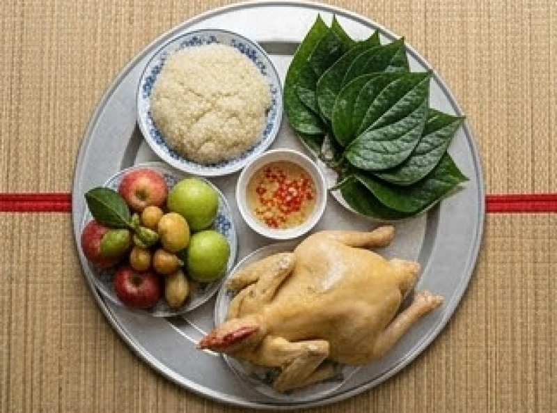 Văn khấn tạ mộ: Trình tự hành lễ và bài cúng đúng nghi thức 3 Mâm lễ cúng mặn truyền thống với đĩa xôi trắng, thịt gà và trái cây tươi bày biện trang trọng