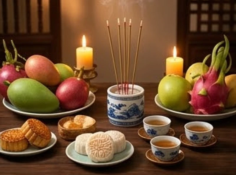 Văn khấn Tết Trung Thu: Trọn bộ bài cúng và trình tự làm lễ 1 Mâm lễ vật cúng Tết Trung Thu gồm bánh nướng, bánh dẻo, trái cây và trà thơm trên bàn thờ gia tiên
