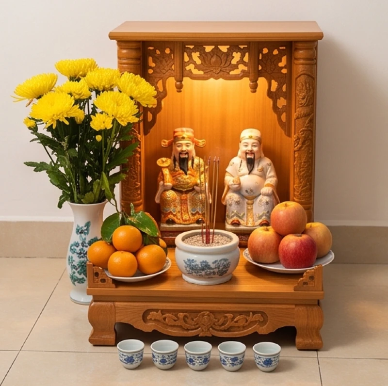 Ban thờ Thần Tài được chuẩn bị tươm tất với bình hoa cúc, đĩa trái cây tươi và các chén nước sạch