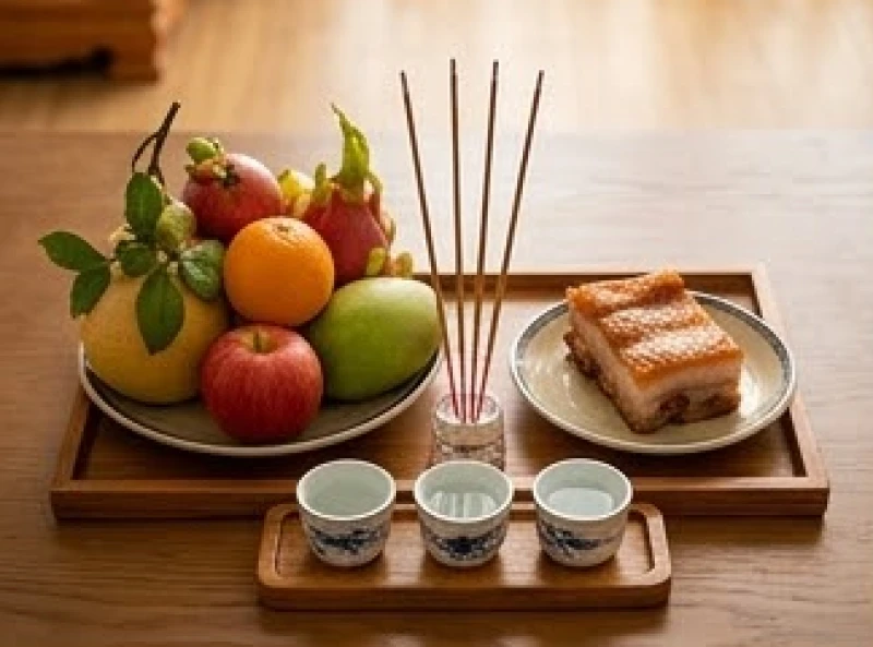 Mâm lễ cúng Thần Tài mùng 1 ngày rằm với trái cây và thịt quay