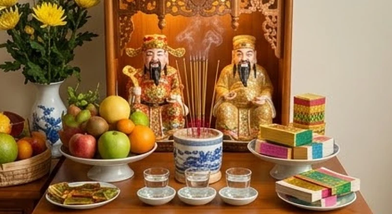 Mâm lễ vật tươm tất với hoa quả tươi, nước trong và hương nhang trầm ấm dâng lên ban thờ Thần Tài Thổ Địa