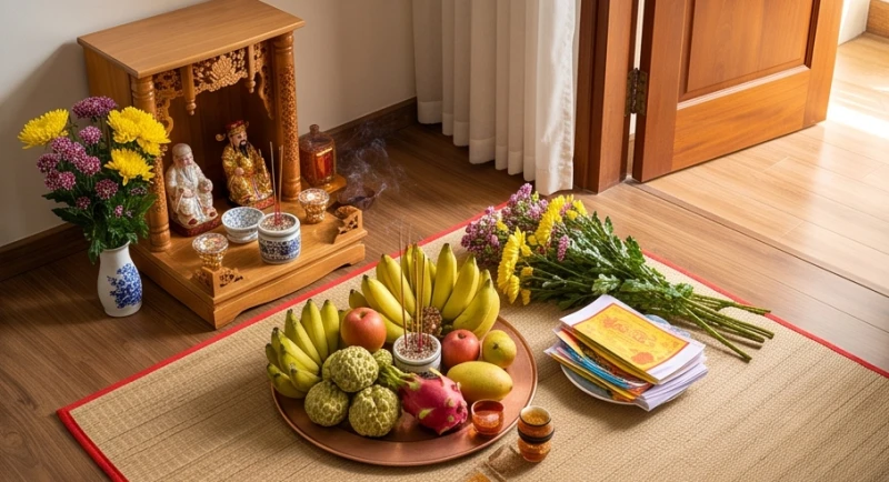 Mâm lễ cúng Thần Tài Thổ Địa được bày biện đầy đủ ngũ quả, hoa tươi và hương đèn sát mặt đất