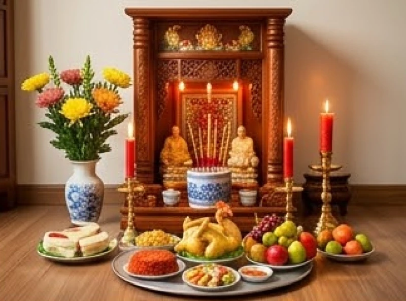 Mâm cúng khai trương được đặt trang trọng ngay trước bàn thờ Thần Tài Ông Địa trong cửa hàng