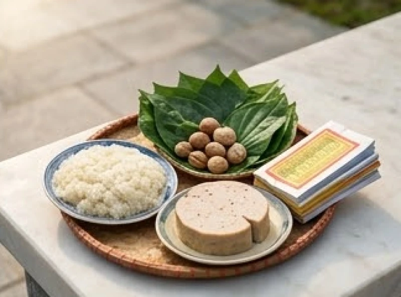 Mâm lễ cúng Thổ thần tại nghĩa trang gồm đĩa xôi nén, khoanh giò lụa, trầu cau và xếp vàng mã