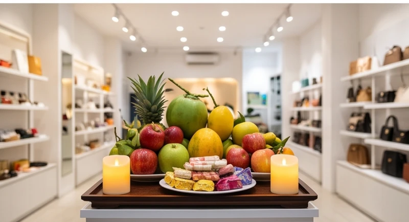 Văn khấn giao thừa tại cửa hàng: Bài cúng chuẩn & sơ đồ đặt mâm 6 Mâm cúng giao thừa tinh gọn dùng nến điện và trái cây tươi trong trung tâm thương mại