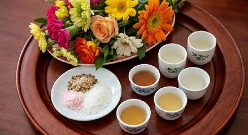 Mâm lễ cúng xe khách với đầy đủ hoa tươi, trái cây, trà rượu và nhang đèn
