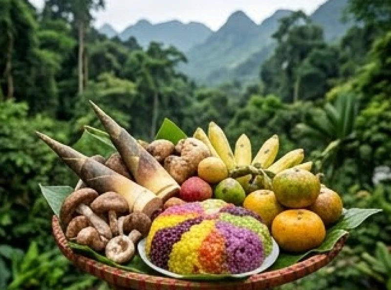 Mâm lễ cúng đặc sản núi rừng dâng tại động Sơn Trang đền Chúa Thác Bờ