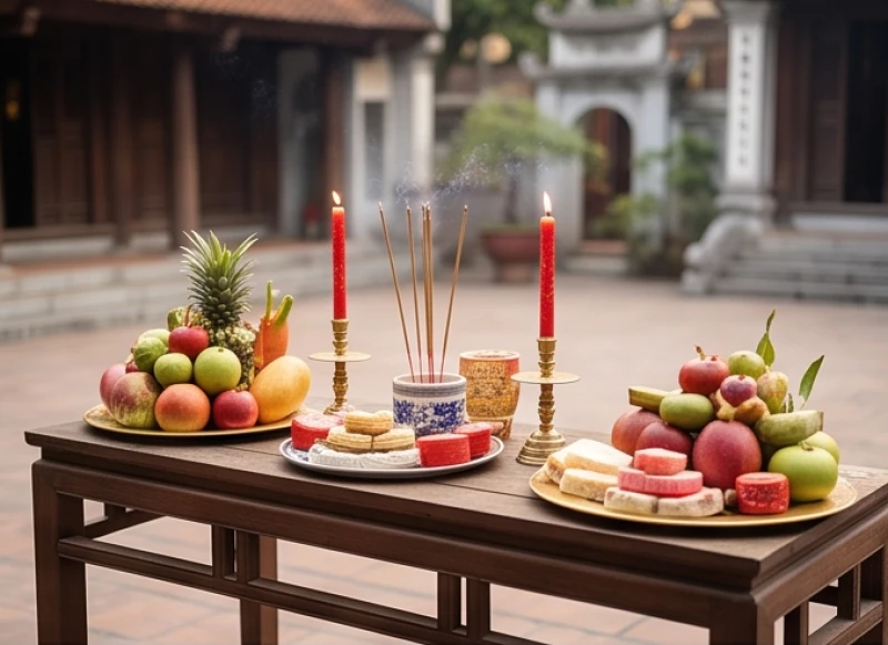 Ba mâm lễ chay và mặn được chuẩn bị chu đáo để dâng lên ban Tam Bảo và ban Đức Ông cùng văn khấn cầu duyên Chùa Hà