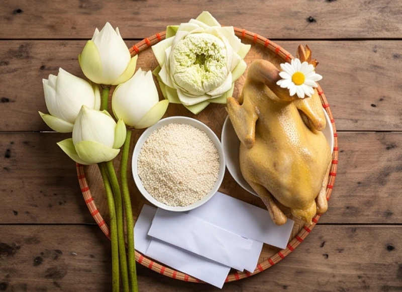 Mâm lễ vật dâng Cô Bơ Thoải Cung được chuẩn bị công phu với sắc trắng chủ đạo