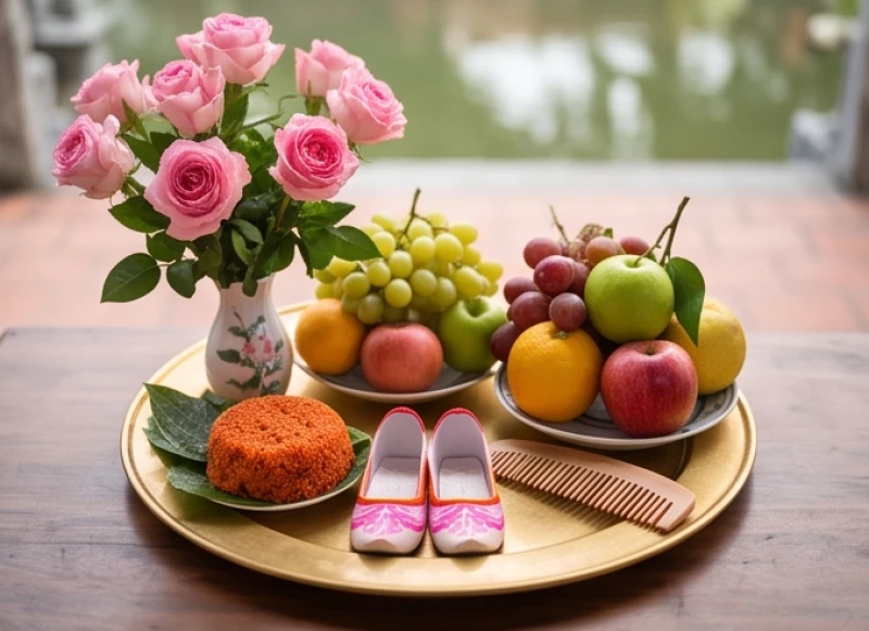 Mâm lễ chay thanh tịnh dâng Cô Chín Giếng với hoa hồng phấn, nón hài mã và ngũ quả tươi sáng