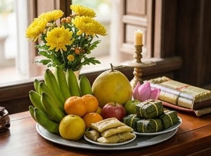 Mâm lễ vật chay tịnh được sắp xếp gọn gàng với trái cây tươi và hoa cúc vàng rực rỡ