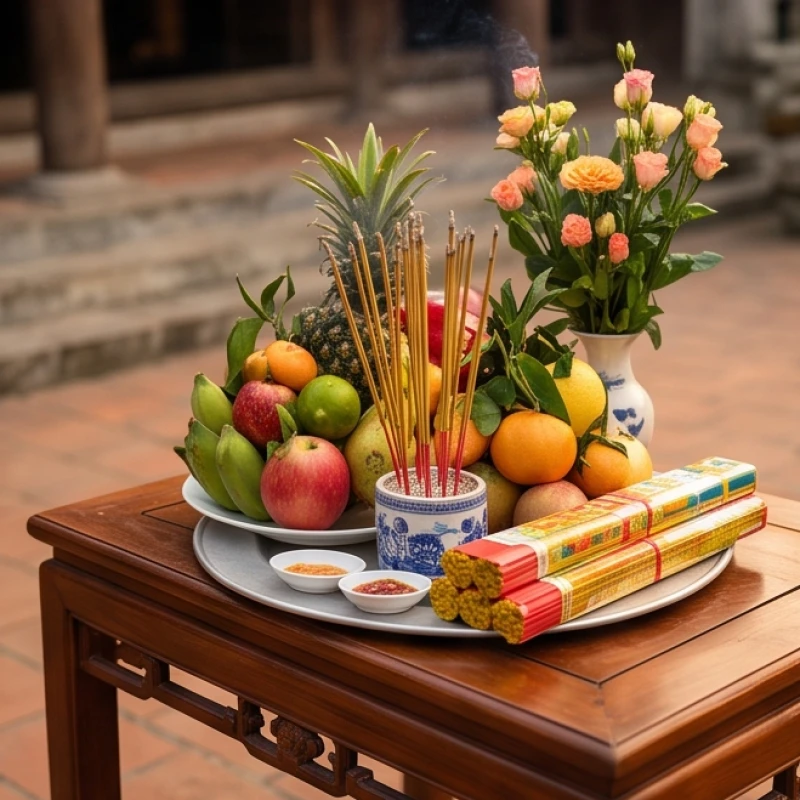 Mâm lễ vật đi đền được sắp xếp gọn gàng và phân loại rõ ràng thành lễ chay và lễ mặn
