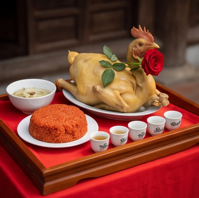 Mâm lễ mặn tươm tất gồm gà luộc ngậm hoa hồng, xôi gấc và rượu trắng dâng ban Đức Thánh Trần