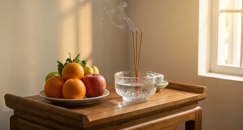 Mâm hoa quả tươi và lư hương nhỏ để bái Thái Tuế tại gia đình một cách thanh tịnh