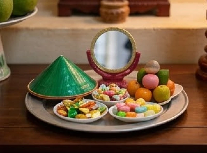 Mâm lễ nhỏ xinh dâng Miếu Cô Bé gồm gương lược nón hài cỡ nhỏ và nhiều loại bánh kẹo rực rỡ màu sắc
