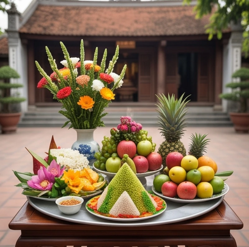 Tín đồ cẩn thận sắp xếp mâm lễ dâng phủ Đạo Mẫu với hương hoa và oản tài lộc