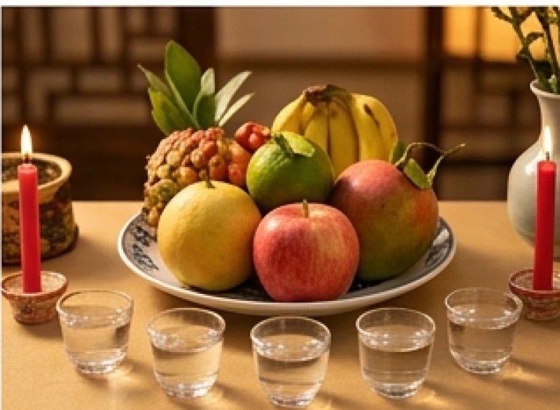 Đĩa ngũ quả tươi ngon cùng nhang đèn được chuẩn bị chu đáo cho lễ dâng sao