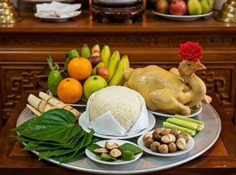 Mâm lễ dâng Chúa Thác Bờ gồm oản trắng, gà luộc và mâm ngũ quả tươi ngon