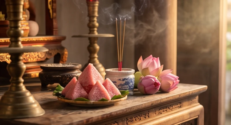 Mâm lễ chay thanh tịnh gồm oản hồng và hoa sen dâng ban thờ Công chúa Ngọc Hoa tại Đền Giếng