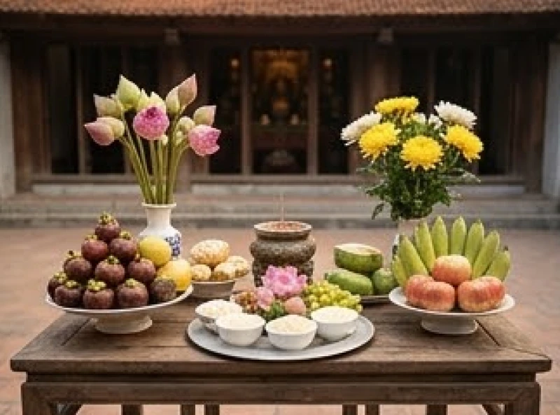 Mâm lễ mặn và chay được sắp xếp cẩn thận trước khi dâng lên các ban thờ tại Đền Và
