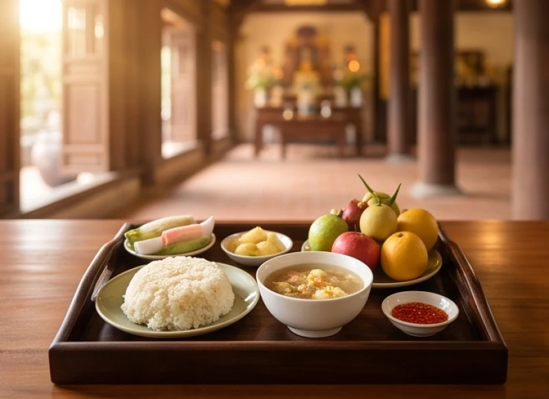 Mâm lễ chay trang nghiêm gồm xôi chè và hoa quả tươi dâng lên ban Tam Bảo khi đi chùa mùng 1