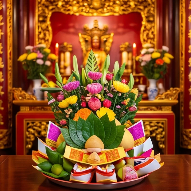 Văn khấn cầu duyên tại chùa: Trình tự dâng lễ và cách ghi sớ 5 Mâm lễ dâng Thánh Mẫu với hoa tươi và nón hài được bài trí đẹp mắt tại khu vực Điện Mẫu