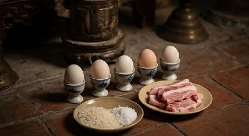 Mâm lễ đồ sống đặc thù gồm năm quả trứng vịt tươi và thịt mồi được đặt cẩn thận tại hạ ban thờ Ngũ Hổ