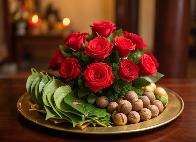 Mâm lễ dâng Điện Mẫu nổi bật với những đóa hoa hồng đỏ tươi và trầu cau xanh mướt tượng trưng cho tình duyên