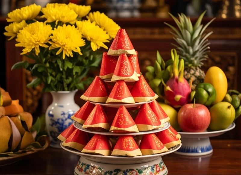 Mâm lễ dâng Thánh Mẫu gồm hoa quả rực rỡ và phẩm oản đỏ bọc giấy kiếng được sắp xếp đẹp mắt