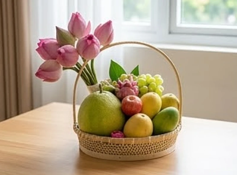 Giỏ hoa sen tươi và trái cây thanh khiết được chuẩn bị cẩn thận trước khi dâng cùng văn khấn tại Lăng Bác.