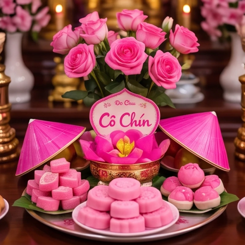Văn khấn cầu duyên tại chùa: Trình tự dâng lễ và cách ghi sớ 6 Mâm lễ vật màu hồng rực rỡ gồm hoa hồng tươi và oản tài lộc dành riêng để dâng lên ban Cô Chín