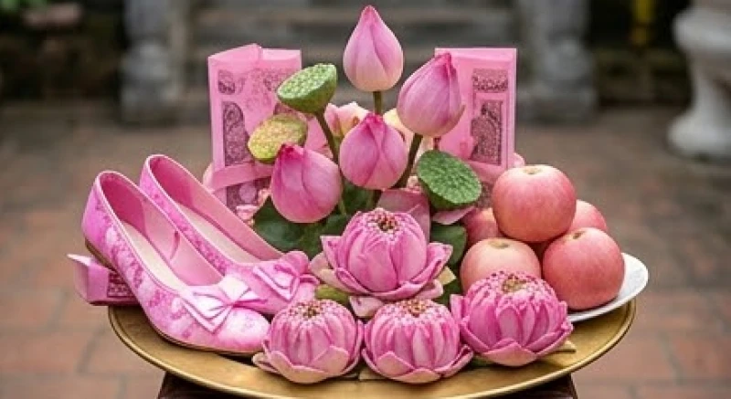 Mâm lễ dâng đền Cô Chín Giếng rực rỡ với sắc hồng duyên dáng của nón hài giấy, hoa tươi và quả đào