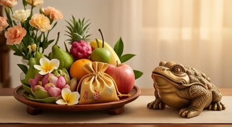 Mâm lễ vật tươm tất dâng cúng thần linh cùng túi cốt thất bảo chuẩn bị cho nghi thức an vị linh vật phong thủy