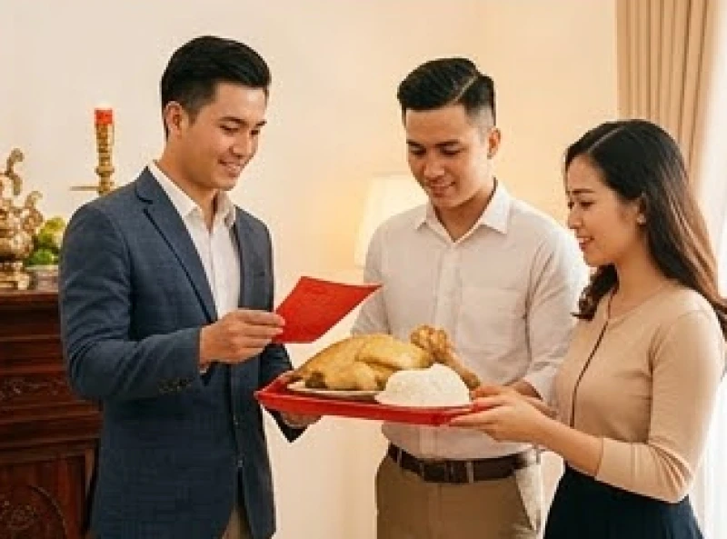 Đôi vợ chồng trẻ chuẩn bị lễ vật giản dị gồm gà luộc và xôi dâng lên bàn thờ ngoại ngày lại mặt