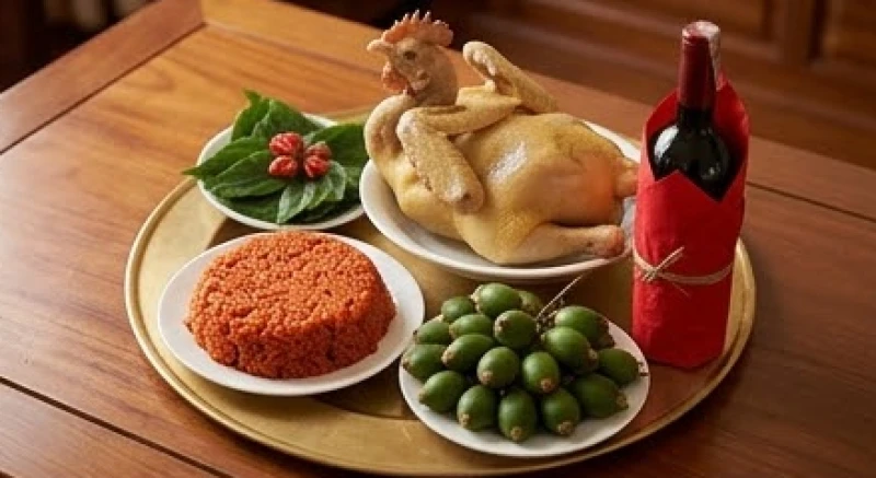 Văn khấn lễ lại mặt: Mẫu chuẩn nhà gái và trình tự dâng hương 2 Mâm lễ lại mặt truyền thống với xôi gấc, gà luộc chéo cánh tiên, buồng cau xanh và rượu trà bọc giấy đỏ