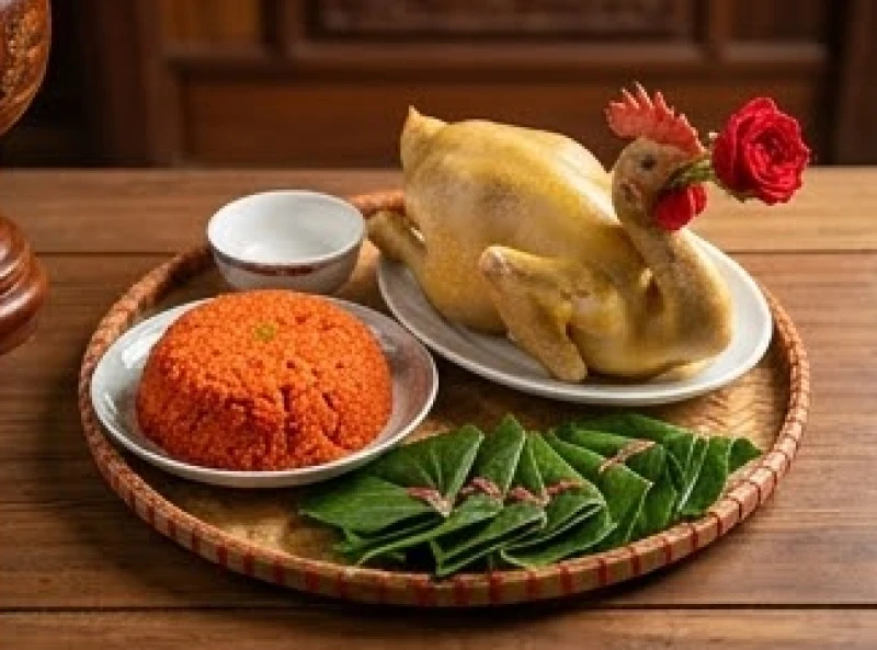 Văn khấn bán khoán con vào chùa: Sắm lễ vật và thủ tục đầy đủ 2 Mâm lễ mặn dâng ban Đức Ông gồm xôi gấc đỏ, gà luộc chéo cánh phượng và trầu cau