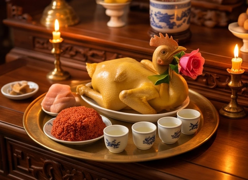 Văn khấn lập điện thờ tại gia: Trình tự an vị và sắm lễ chuẩn 6 Mâm cúng mặn trang trọng với gà luộc nguyên con, xôi gấc đỏ và rượu nếp dâng ban Trần Triều