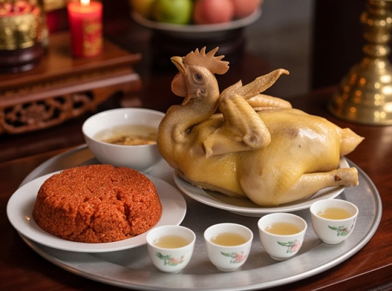 Mâm lễ mặn dâng ban Trần Triều nổi bật với gà trống luộc chéo cánh và đĩa xôi gấc đỏ tươi