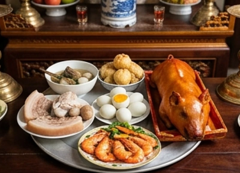 Mâm lễ mặn gồm bộ tam sên và heo quay nguyên con được bày biện chỉn chu để dâng tạ lễ