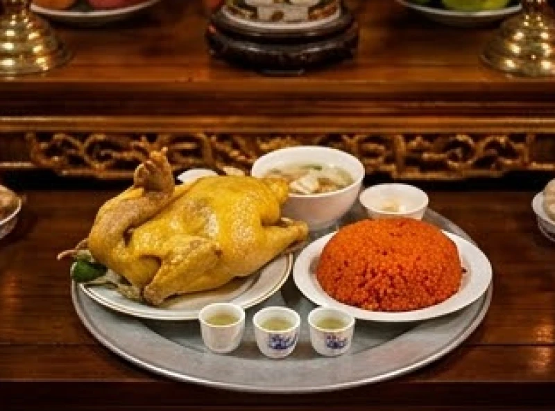 Văn khấn xin lộc Đền Quán Thánh: Bài chuẩn cầu tài lộc và sắm lễ 5 Mâm lễ mặn với xôi gấc và gà luộc được sắp xếp gọn gàng để dâng lên ban Công Đồng