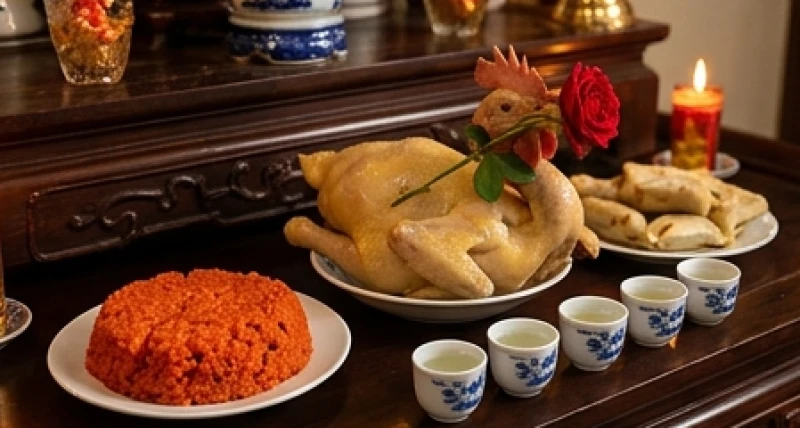 Văn khấn Mẫu Cửu Trùng Thiên: Bài cúng đầy đủ và trình tự hành lễ 3 Mâm lễ mặn trang trọng gồm gà luộc ngậm hoa hồng, xôi gấc và rượu trắng dâng tại đền phủ
