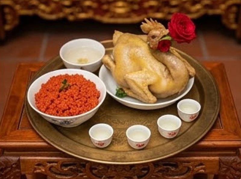 Mâm lễ mặn tươm tất với xôi gấc đỏ hồng và gà luộc chéo cánh phượng đẹp mắt