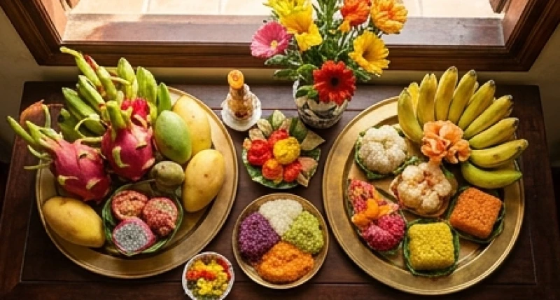Mâm lễ vật chay mặn được chuẩn bị chu đáo để dâng lên các ban thờ thần linh và Thánh Mẫu