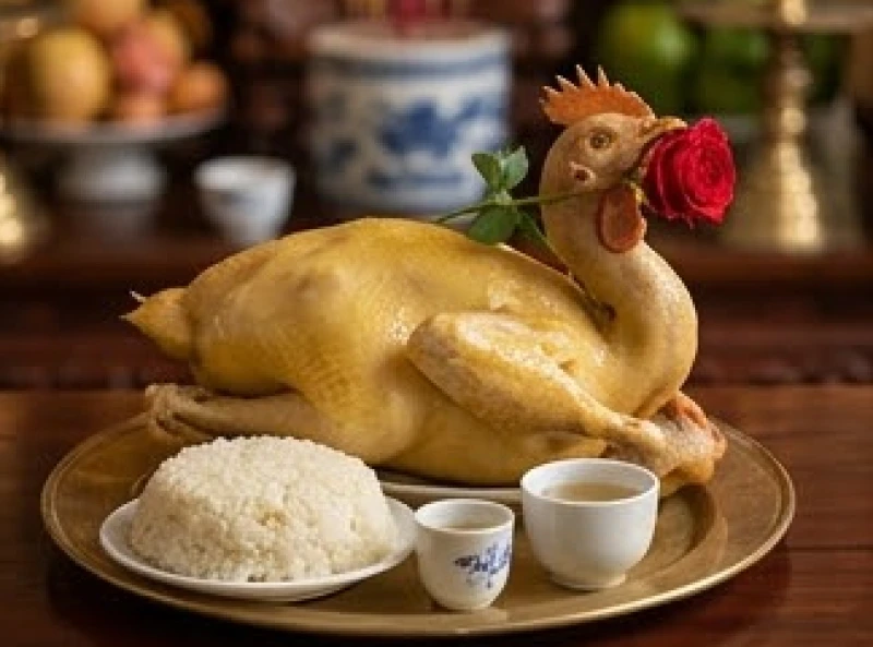 Mâm lễ mặn gồm gà luộc ngậm hoa hồng và xôi dâng cúng riêng tại ban Đức Chúa Ông