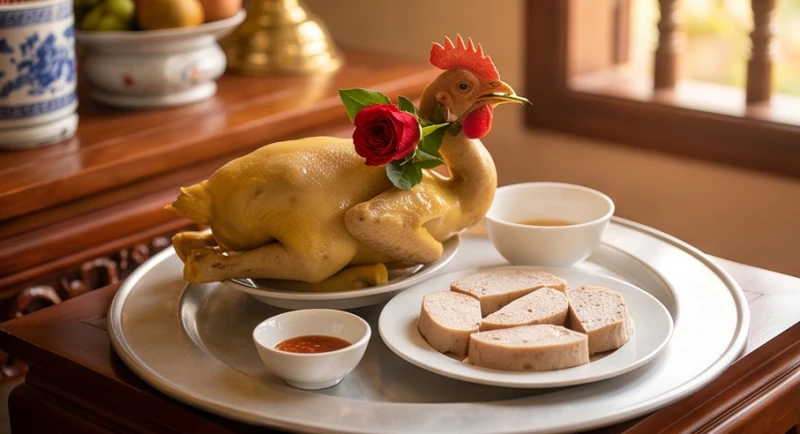 Mâm cúng mặn đặc trưng dâng ban Đức Ông với gà luộc ngậm hoa hồng đỏ và giò lụa cắt vuông vức