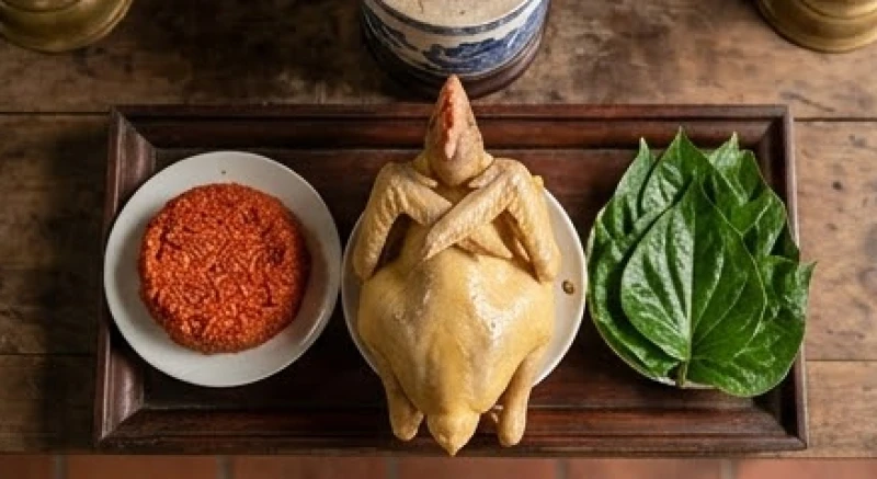 Văn khấn nhận con nuôi tại chùa: Cách sắm lễ và viết sớ chuẩn 4 Mâm lễ mặn gồm xôi gấc đỏ tươi, gà trống luộc nguyên con chéo cánh và trầu cau têm cánh phượng.