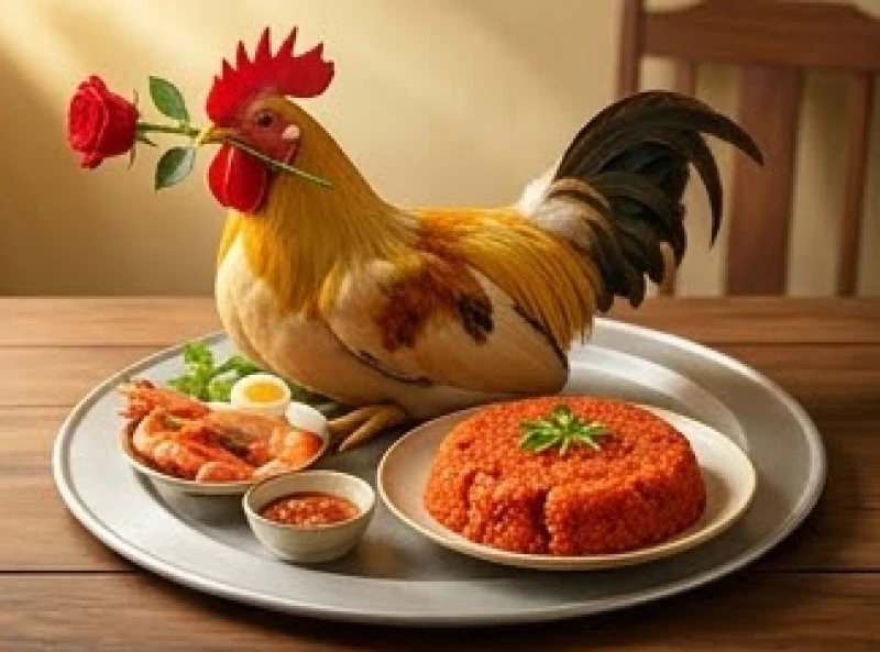 Mâm lễ mặn truyền thống với gà luộc ngậm hoa hồng và đĩa xôi gấc bày biện đẹp mắt