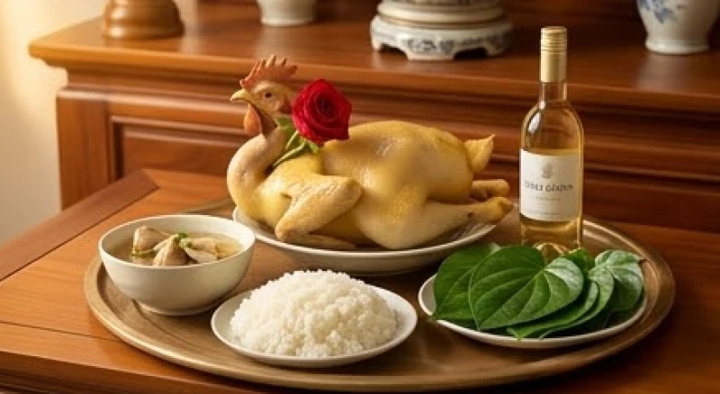 Mâm lễ mặn tươm tất gồm gà luộc nguyên con và xôi trắng dâng lên ban thờ trước khi đọc văn khấn