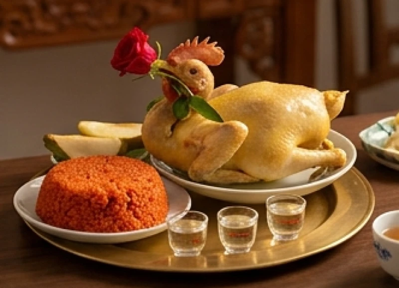 Văn khấn hạ bàn thờ để chuyển nhà: Bài cúng chuẩn và cách hạ đồ 6 Mâm cúng mặn trang nghiêm với gà luộc ngậm hoa hồng, đĩa xôi gấc đỏ và thịt lợn luộc được bày biện vuông vức trên bàn cúng