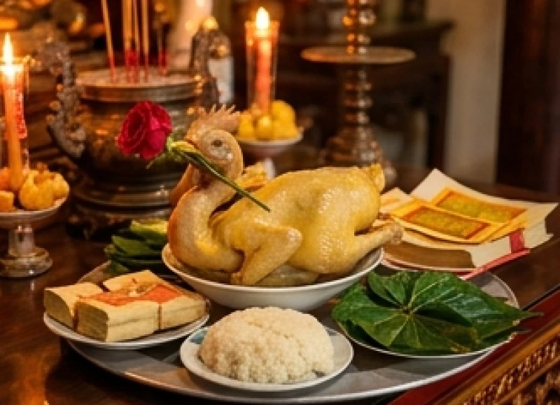 Văn khấn lễ hội Đền Lảnh Giang: Bài cúng chuẩn và sơ đồ hành lễ 5 Mâm lễ mặn thịnh soạn với gà luộc ngậm hoa hồng, xôi nếp và trầu cau dâng ban Tòa Đệ Tam